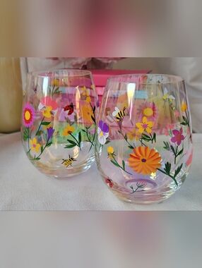 Hand-Painted Floral Stemless Wine Glasses - Set of 2
